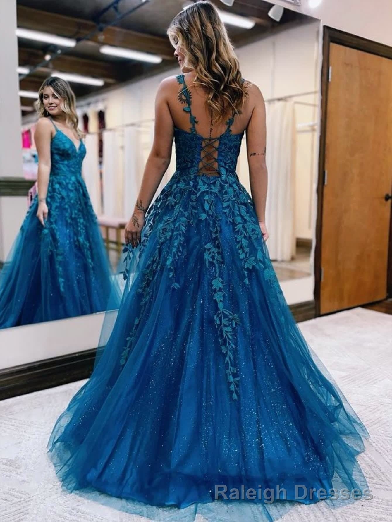 A Line Ink Blue Glitter Tulle Lace Prom Dress