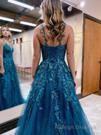 A Line Ink Blue Glitter Tulle Lace Prom Dress