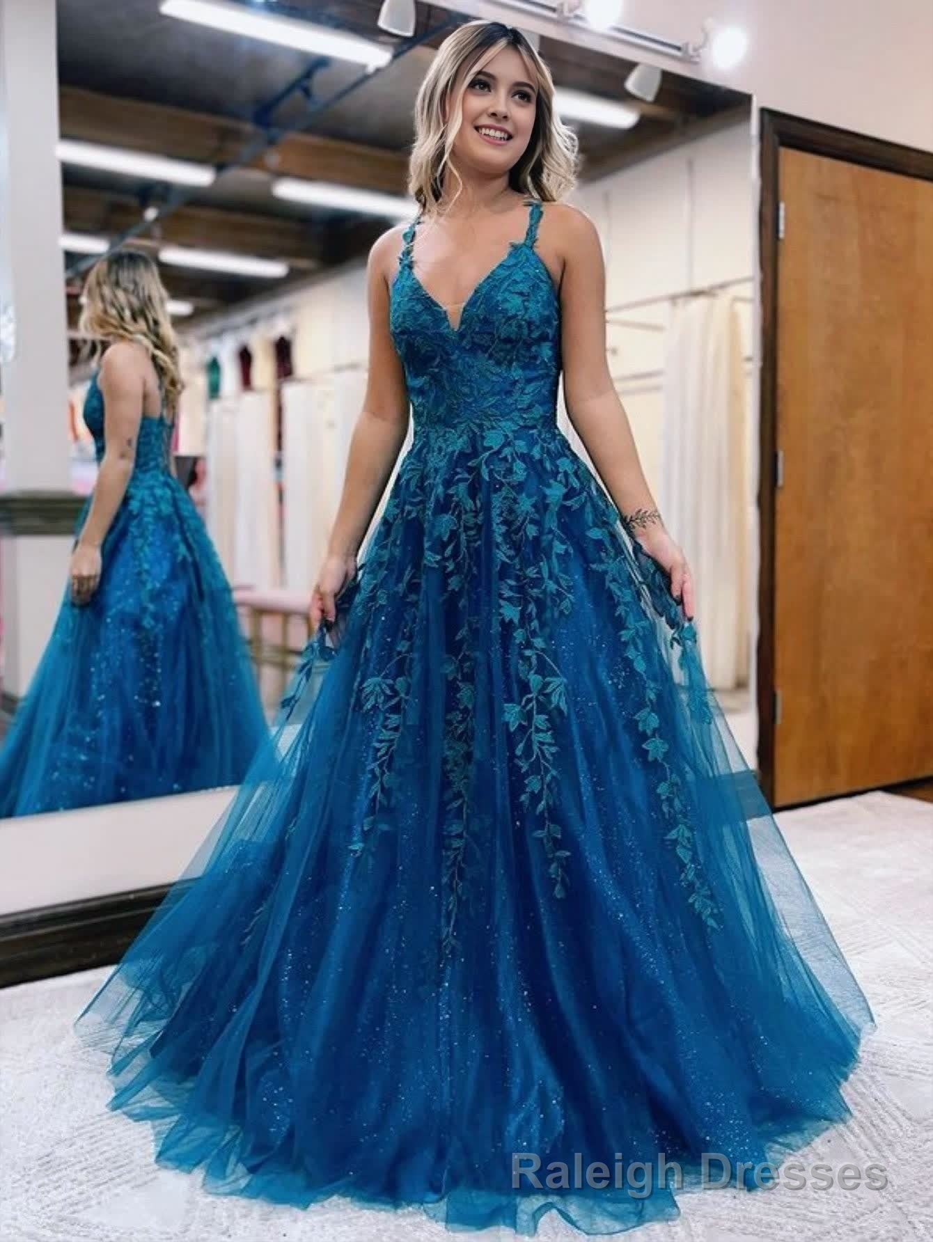 A Line Ink Blue Glitter Tulle Lace Prom Dress Main image