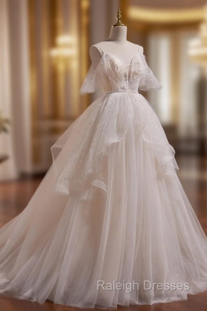 A-line Ivory Beaded Tulle Long Wedding Party Dress, Ivory Tulle Floor Length Prom Dress Main image