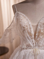 A Line Ivory Beaded Tulle Long Wedding Prom Dresses Ivory Tulle Floor Length Prom Dresses