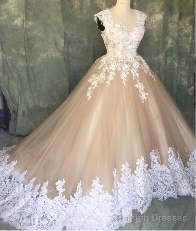A-Line Ivory Lace Cap Sleeves Tulle Champagne Wedding Dress Secondary image
