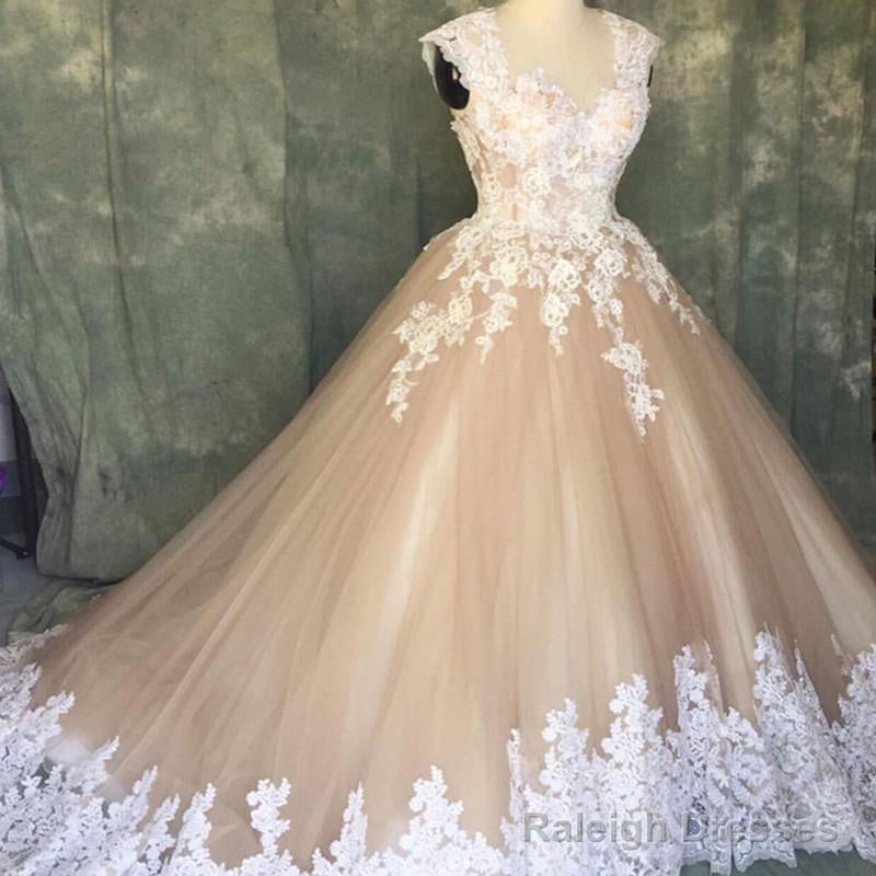 A-Line Ivory Lace Cap Sleeves Tulle Champagne Wedding Dress Main image