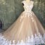 A-Line Ivory Lace Cap Sleeves Tulle Champagne Wedding Dress