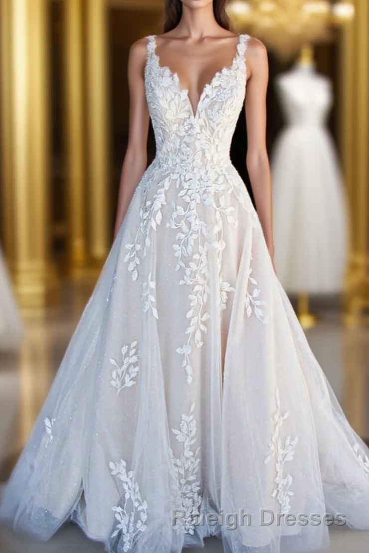 A-Line V Neck Lace Appliques Wedding Dress