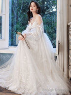 A-Line Ivory Tulle Lace Long Prom Dresses Lace Prom Dresses
