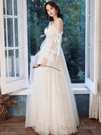 A-Line Ivory Tulle Lace Long Prom Dresses Lace Prom Dresses