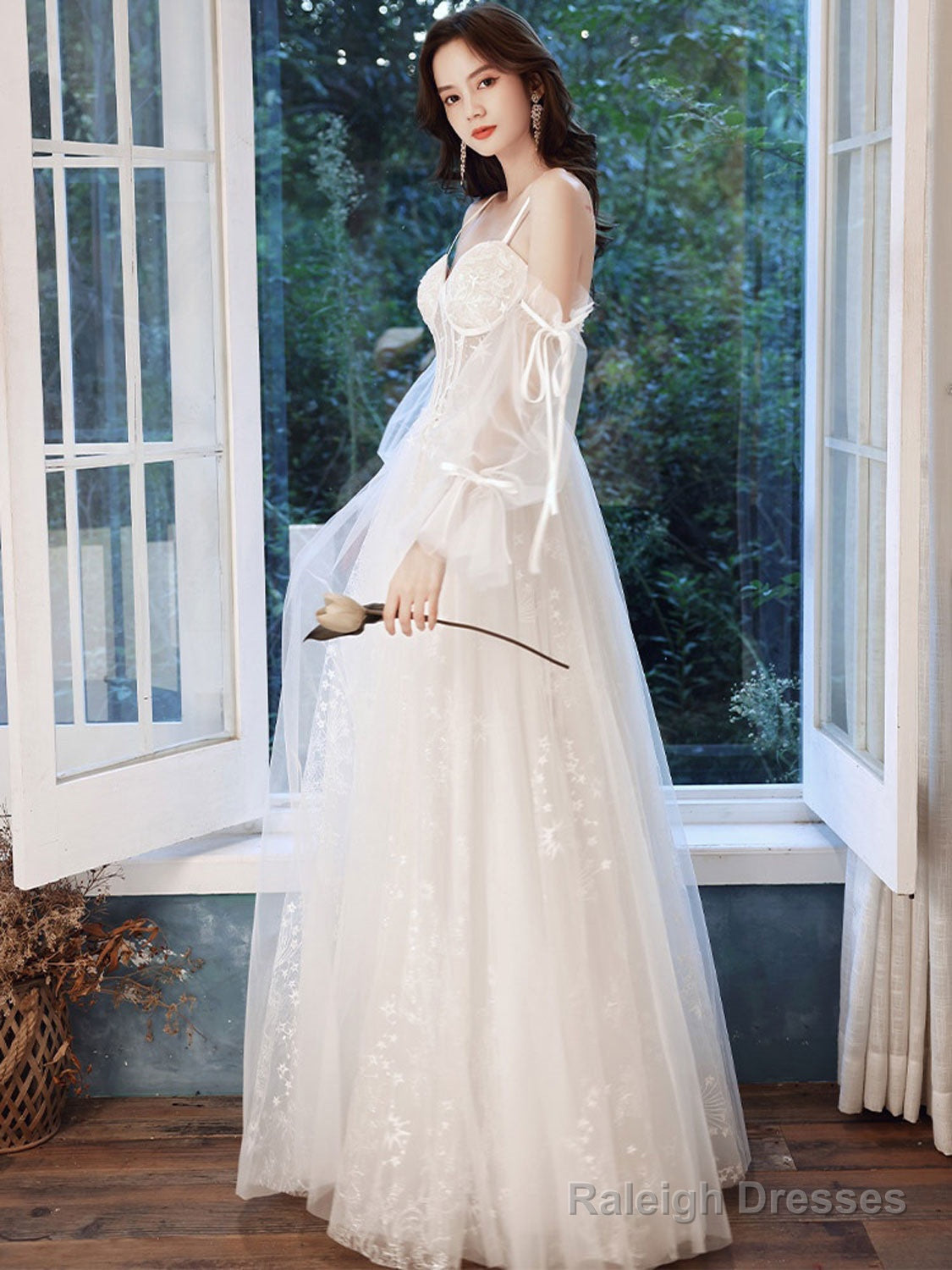 A-Line Ivory Tulle Lace Long Prom Dresses Lace Prom Dresses