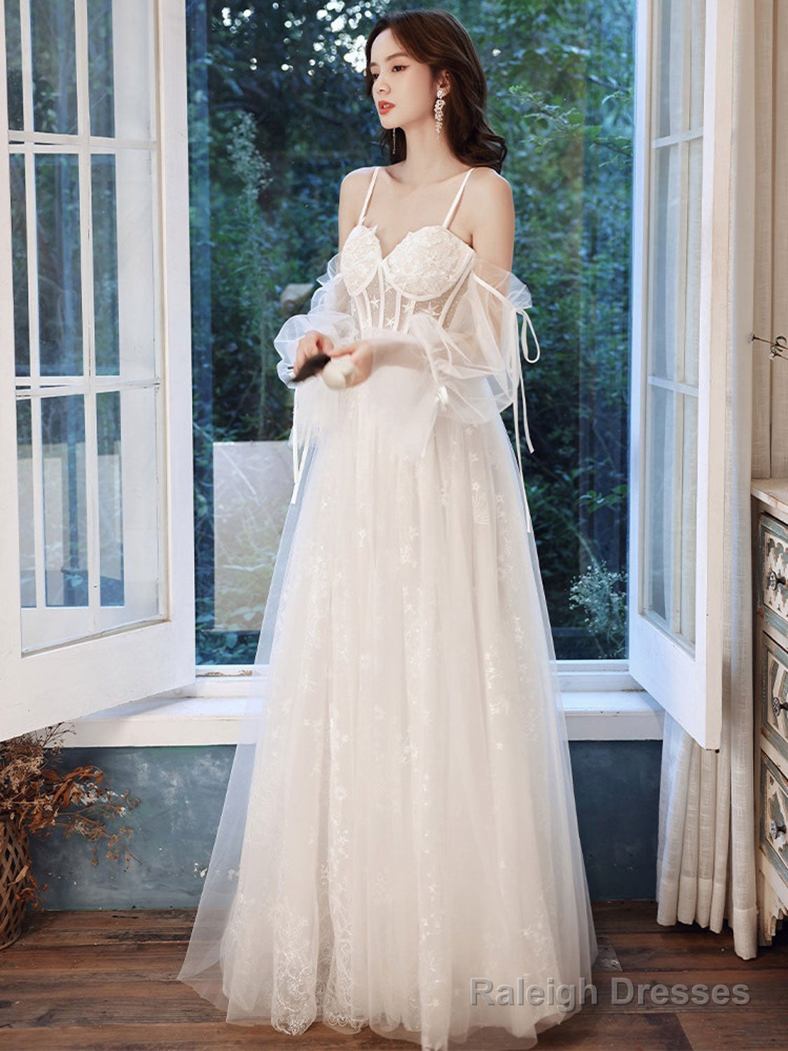 A-Line Ivory Tulle Lace Long Prom Dresses Lace Prom Dresses