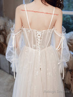 A-Line Ivory Tulle Lace Long Prom Dresses Lace Prom Dresses