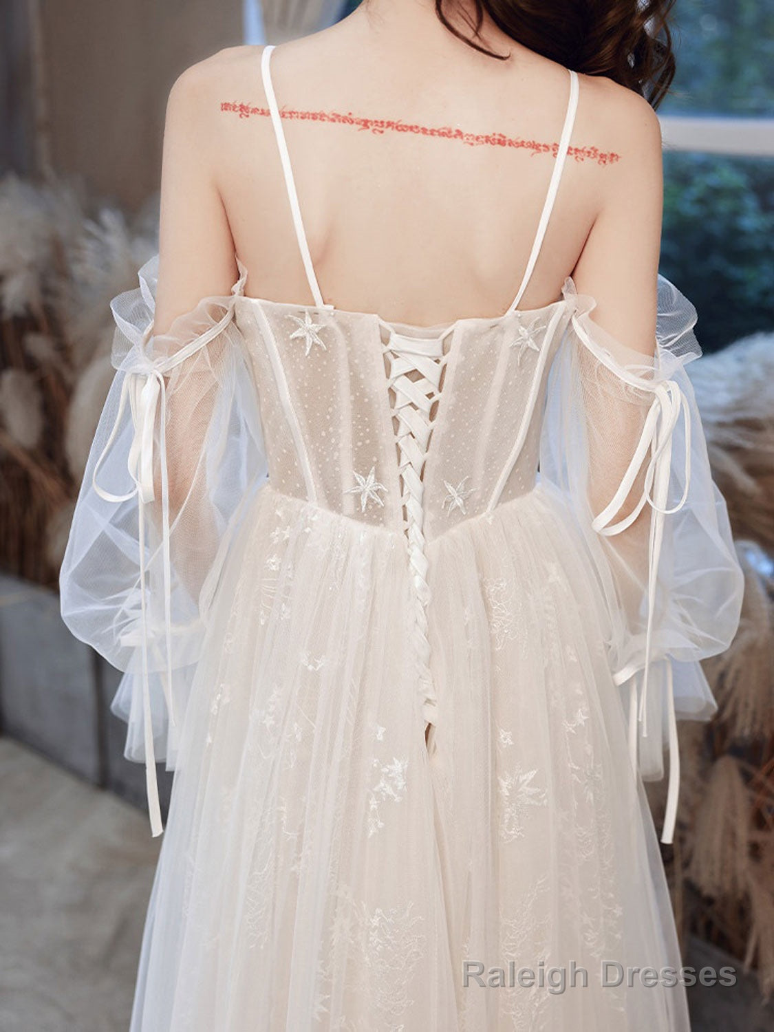 A-Line Ivory Tulle Lace Long Prom Dresses Lace Prom Dresses