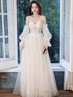 A-Line Ivory Tulle Lace Long Prom Dresses Lace Prom Dresses