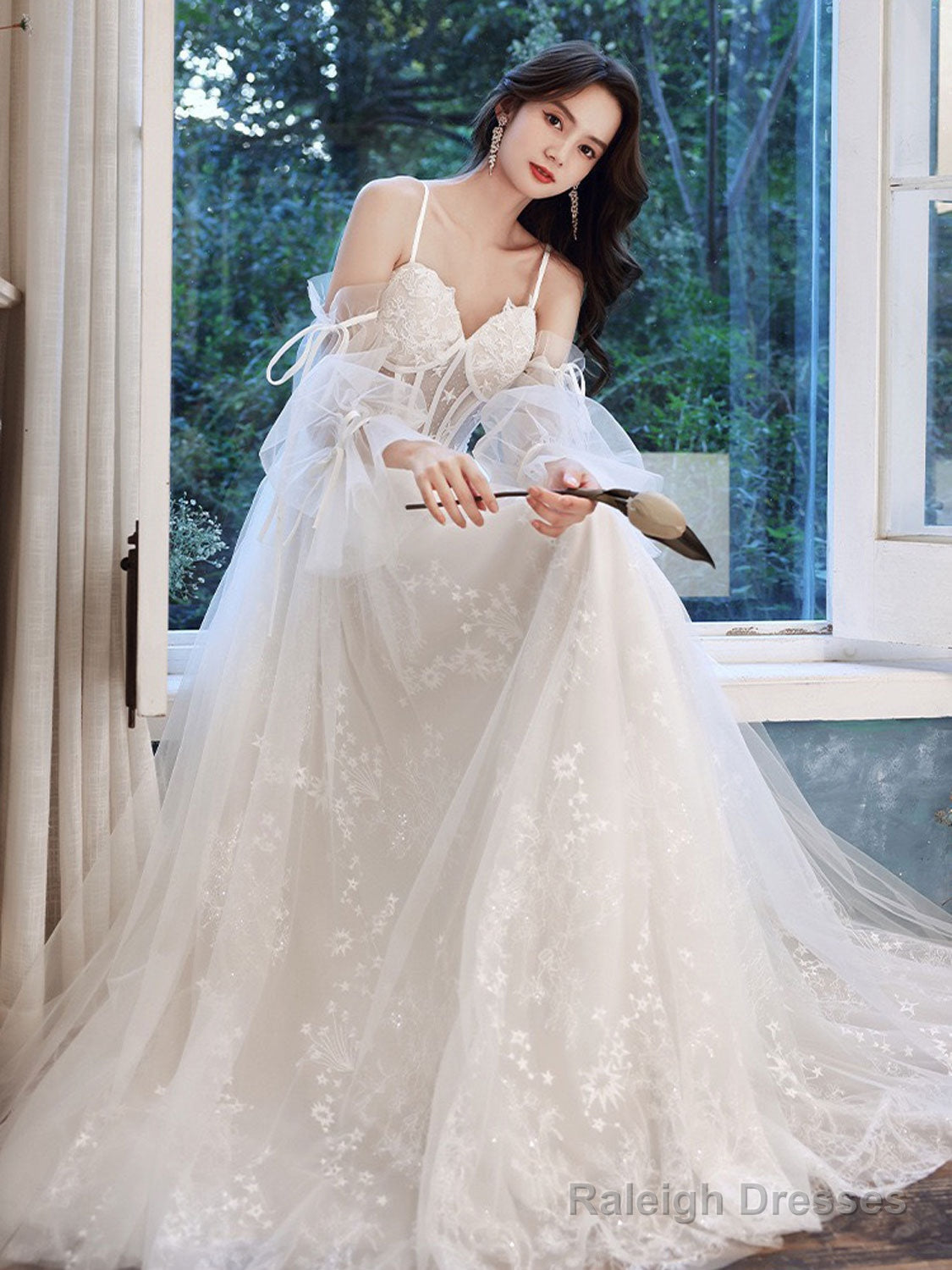 A-Line Ivory Tulle Lace Long Prom Dresses Lace Prom Dresses