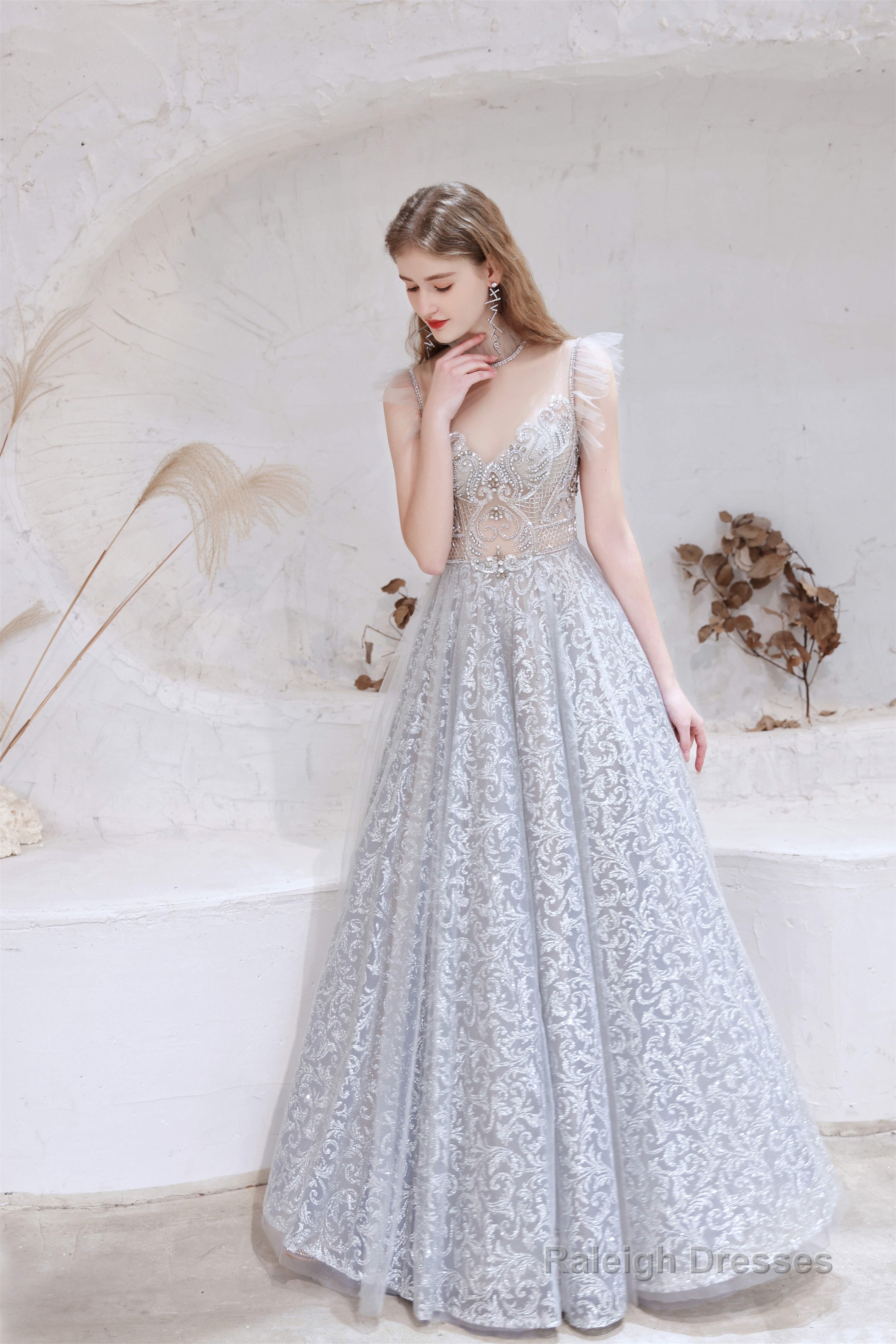 A Line Jewel Neck Floor Length Sleeveless Zipper Prom Dresses Secondary image