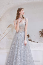 A Line Jewel Neck Floor Length Sleeveless Zipper Prom Dresses