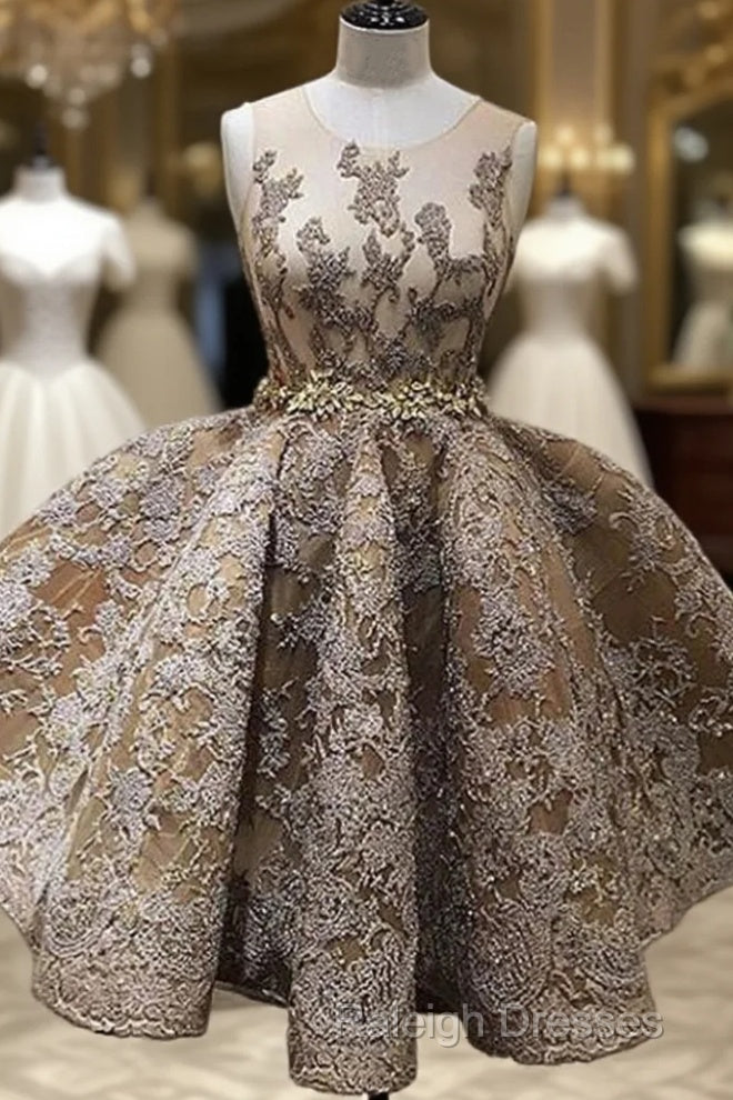 A-Line Jewel Sleeveless Short Prom Dress With Lace Appliques Main image