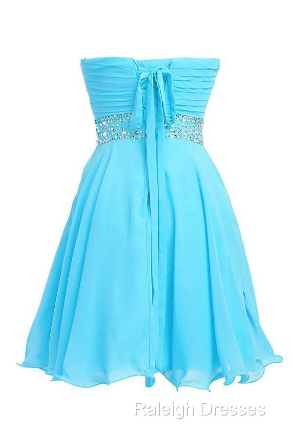 A-Line Knee Length Chiffon Blue Homecoming Dresses With Crystals