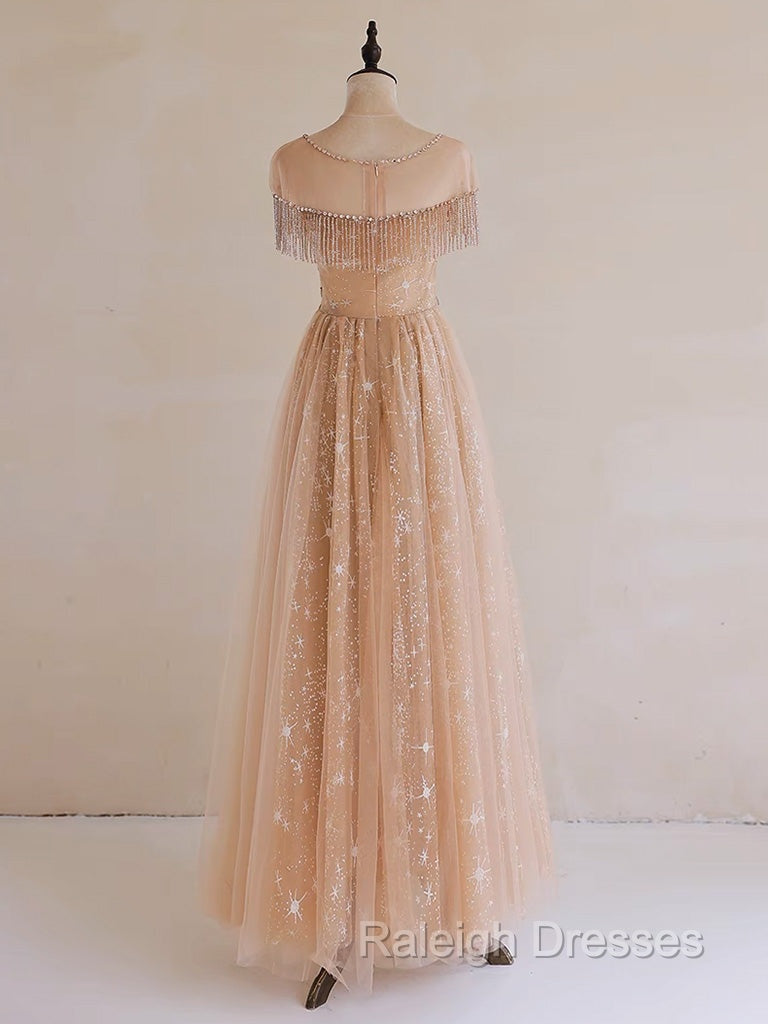 A-Line Lace Champagne Long Prom Dress, Champagne Lace Long Formal Dress