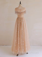 A-Line Lace Champagne Long Prom Dresses Champagne Lace Long Prom Dresses