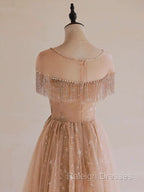 A-Line Lace Champagne Long Prom Dresses Champagne Lace Long Prom Dresses