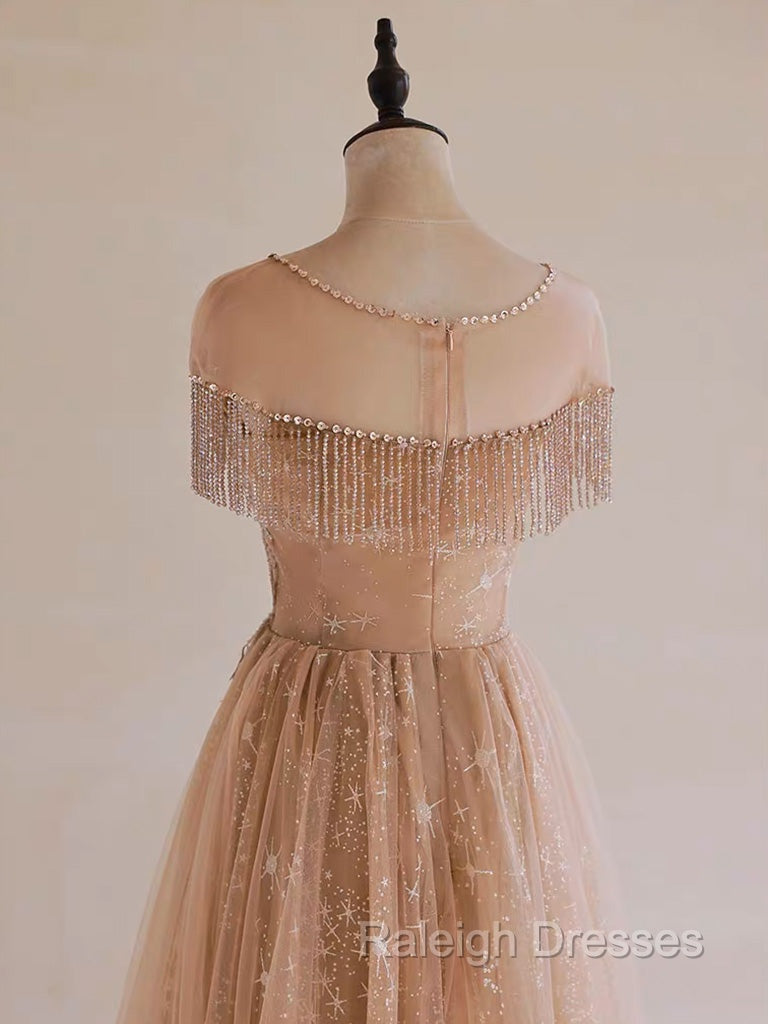 A-Line Lace Champagne Long Prom Dresses Champagne Lace Long Prom Dresses