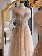 A-Line Lace Champagne Long Prom Dresses Champagne Lace Long Prom Dresses