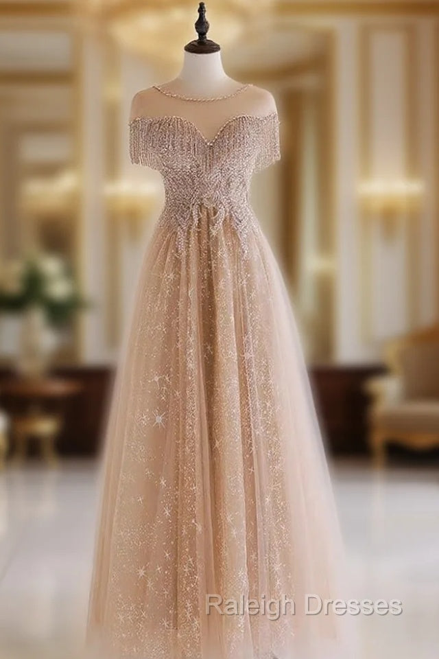 A-Line Lace Champagne Long Prom Dresses Champagne Lace Long Prom Dresses Main image