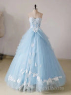 A-Line Lace Chicken Heart Collar Blue Long Ball Dresses Sky Blue Prom Dresses