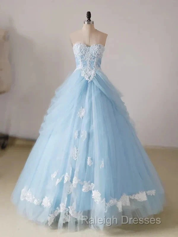 A-Line Lace Chicken Heart Collar Blue Long Ball Dresses Sky Blue Prom Dresses
