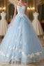 A-Line Lace Chicken Heart Collar Blue Long Ball Dress Sky Blue Prom Dress