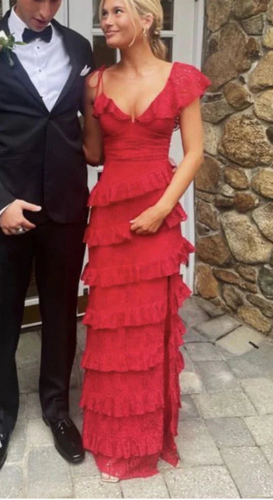 A-Line Red Lace Long Prom Dress