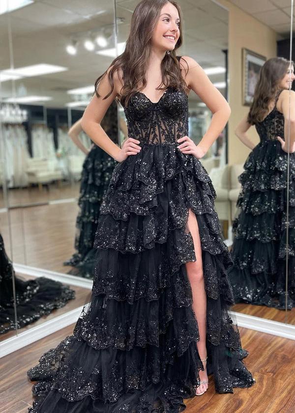 A Line Lace Off-the-Shoulder Tiered Long Prom Dress with Slit