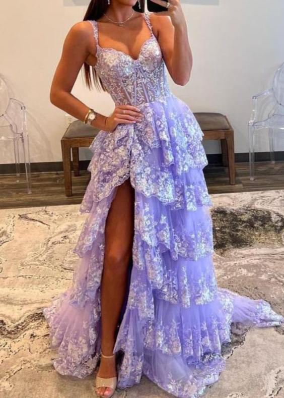 A Line Lace Off-the-Shoulder Tiered Long Prom Dress with Slit Secondary image