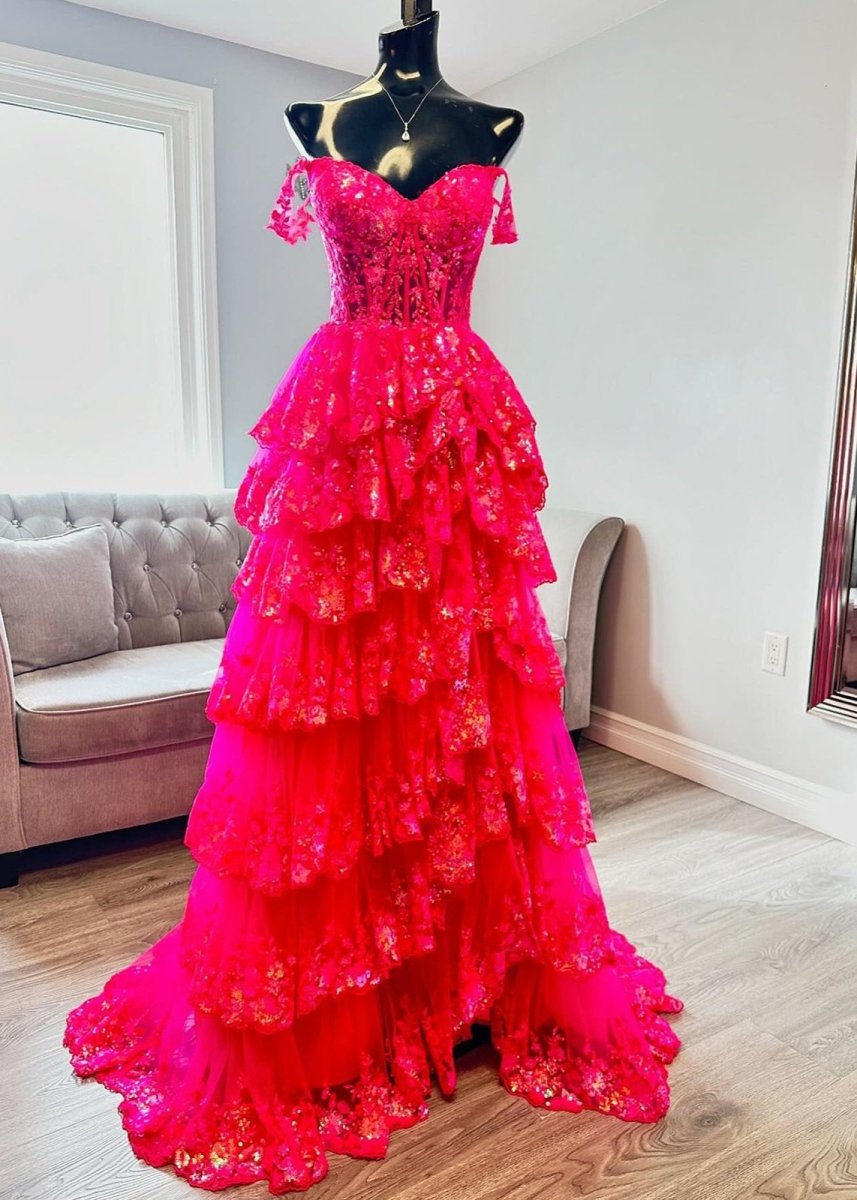 A Line Lace Off-the-Shoulder Tiered Long Prom Dress with Slit