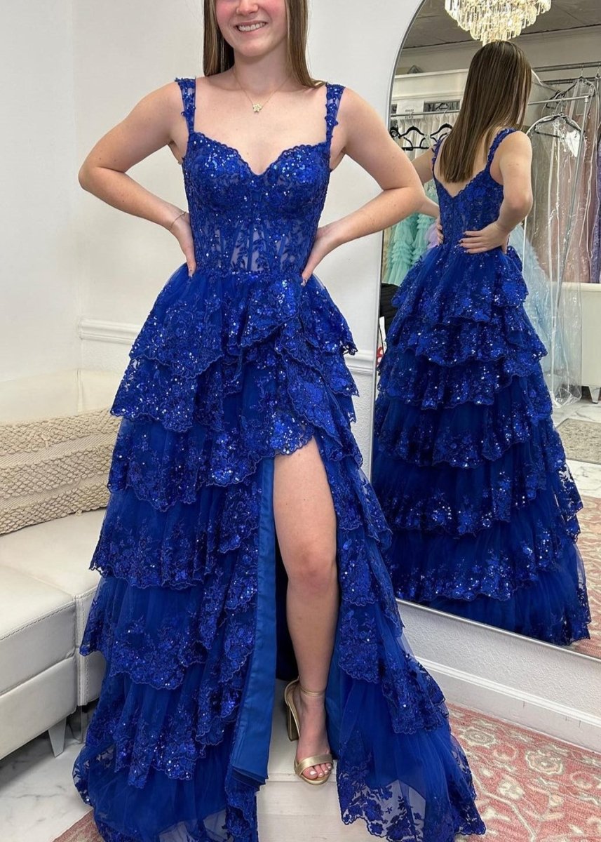 A Line Lace Off-the-Shoulder Tiered Long Prom Dress with Slit