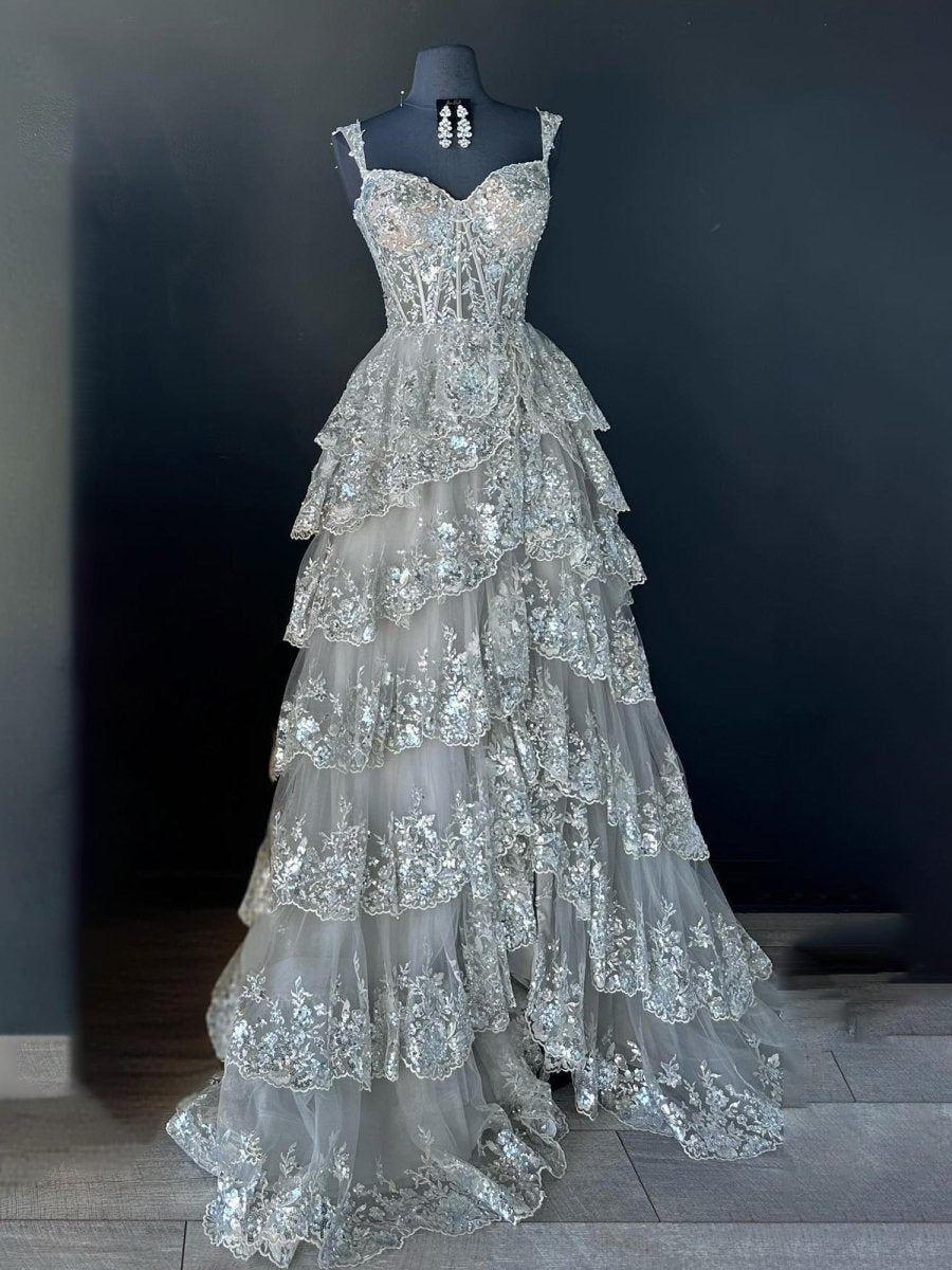 A Line Lace Off-the-Shoulder Tiered Long Prom Dress with Slit