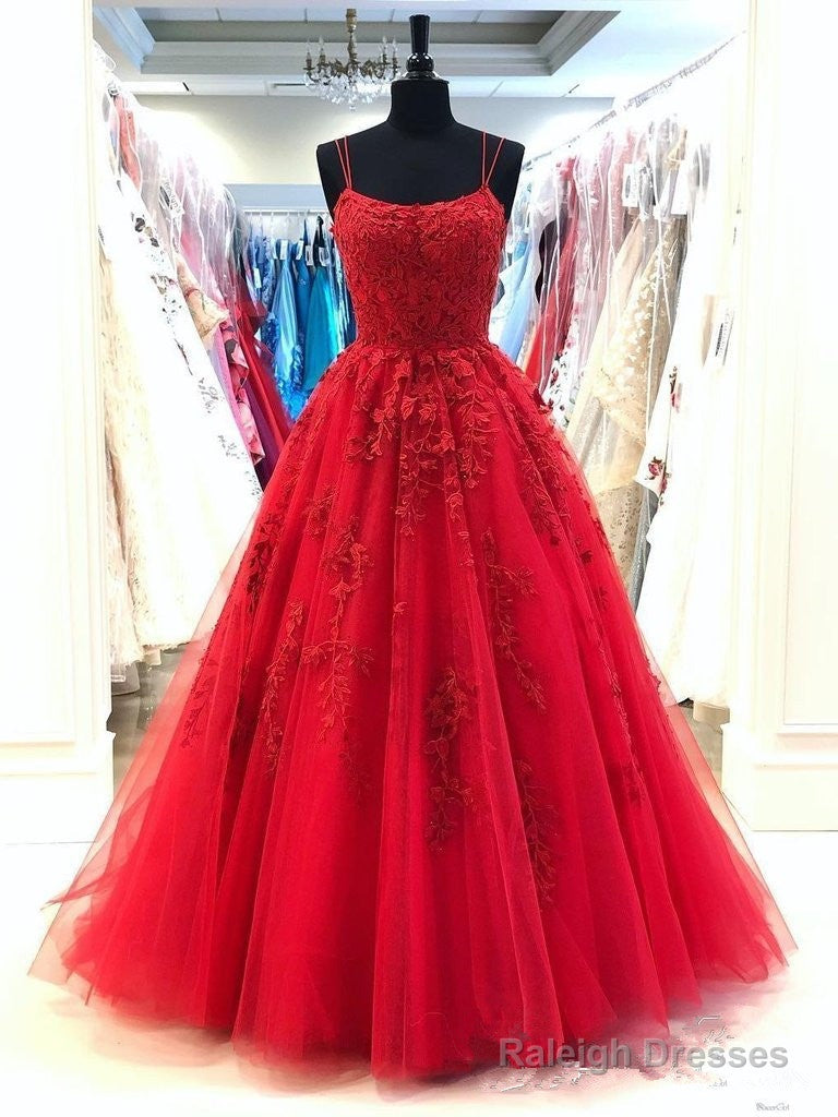 A Line Lace Red Prom Dresses Long Spaghetti Back Crossed