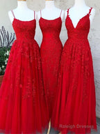 A-Line Lace Red Prom Dress Long Spaghetti Back Crossed