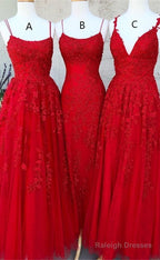 A-Line Lace Red Prom Dress Long Spaghetti Back Crossed