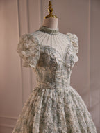A-Line Lace Short Sleeves Beaded Tea Length Prom Dresses High Neckline Lace Prom Dresses