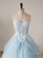 A Line Lace Sweetheart Neck Blue Long Prom Dress