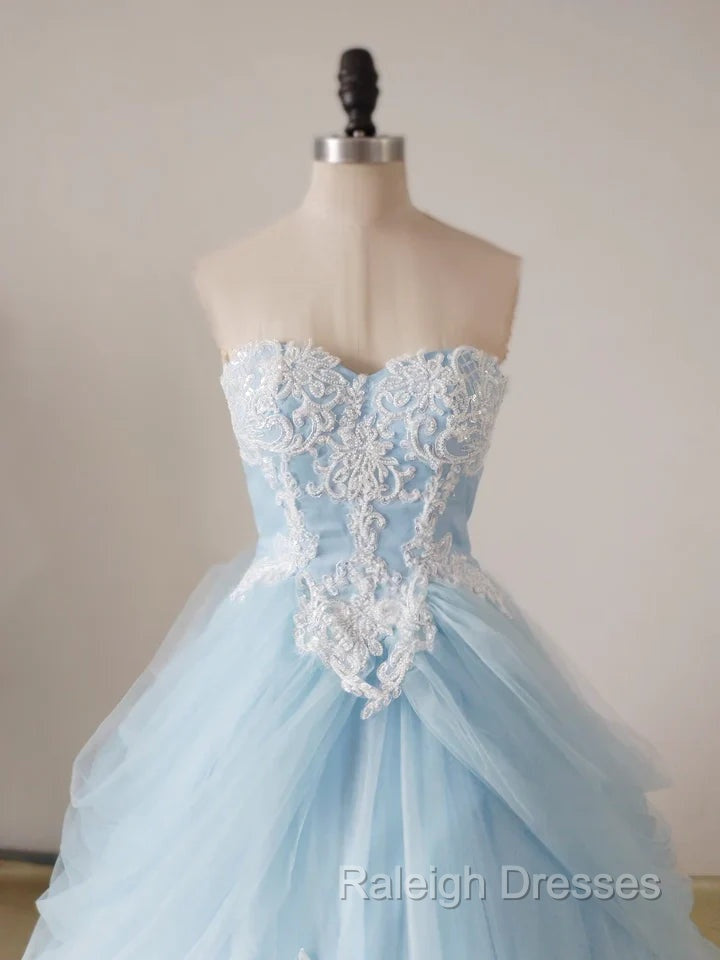 A Line Lace Sweetheart Neck Blue Long Prom Dress