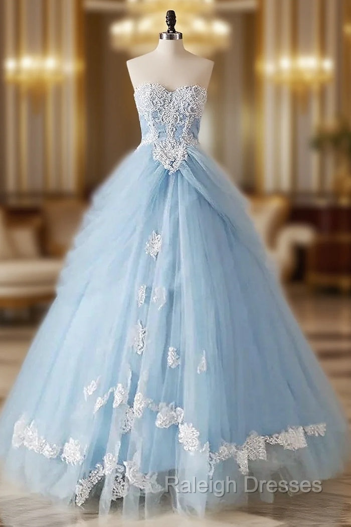 A Line Lace Sweetheart Neck Blue Long Prom Dress