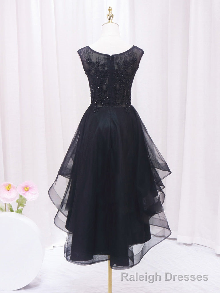 A-Line Lace Tulle Black Short Prom Dress, High Low Black Homecoming Dress Main image