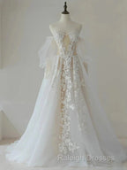 A-Line Lace Tulle Prom Dresses Long Bride Gown Wedding Dresses Beautiful