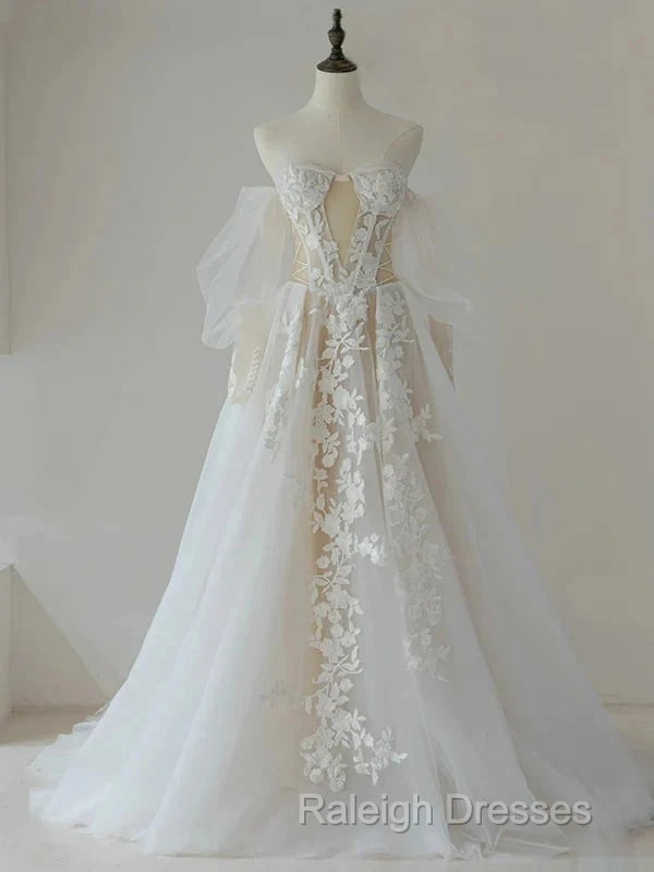 A-Line Lace Tulle Prom Dresses Long Bride Gown Wedding Dresses Beautiful