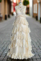 A Line Lace Tulle Prom Dresses Womens V Neck Elegant Lace Wedding Dress With Tulle Tiered Skirt
