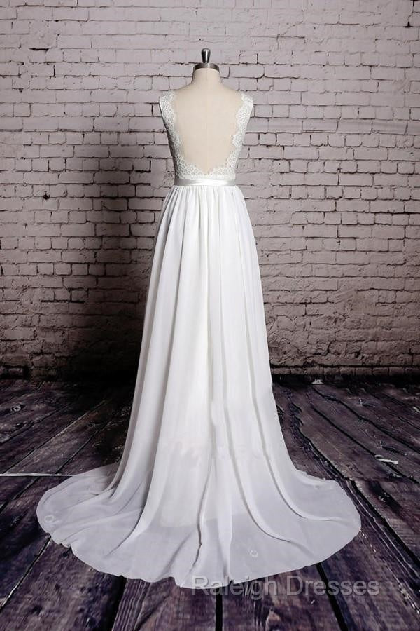 A-Line Lace V-Neck Backless Sheath Long Wedding Dress Secondary image