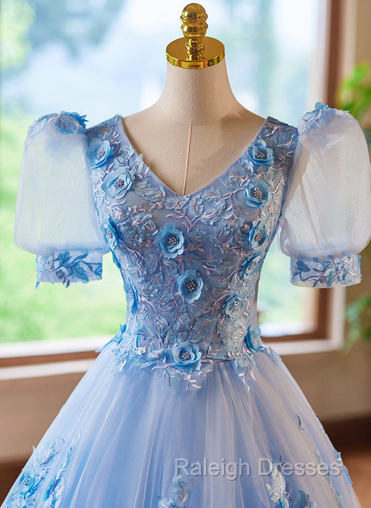 A-Line Light Blue Tulle With Lace Short Sleeves Prom Dress, Tulle Sweet 16 Dress Secondary image
