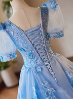 A Line Light Blue Tulle With Lace Short Sleeves Prom Dress, Tulle Sweet 16 Dress